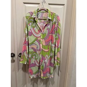 PEPPERMAYO Psychedelic Swirl Print Pleated Long Sleeve Shirt Dress Size 10